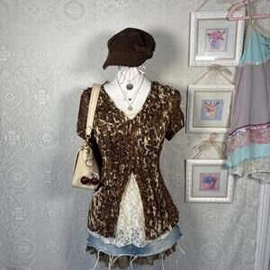 y2k silk cheetah print ruffle button up blouse